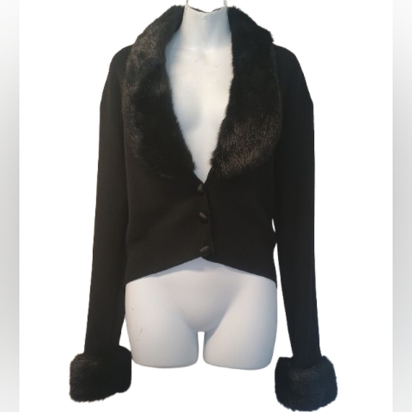 Donna Morgan Black Faux Fur Cardigan 100% Merino Wool Size: L - Picture 1 of 9